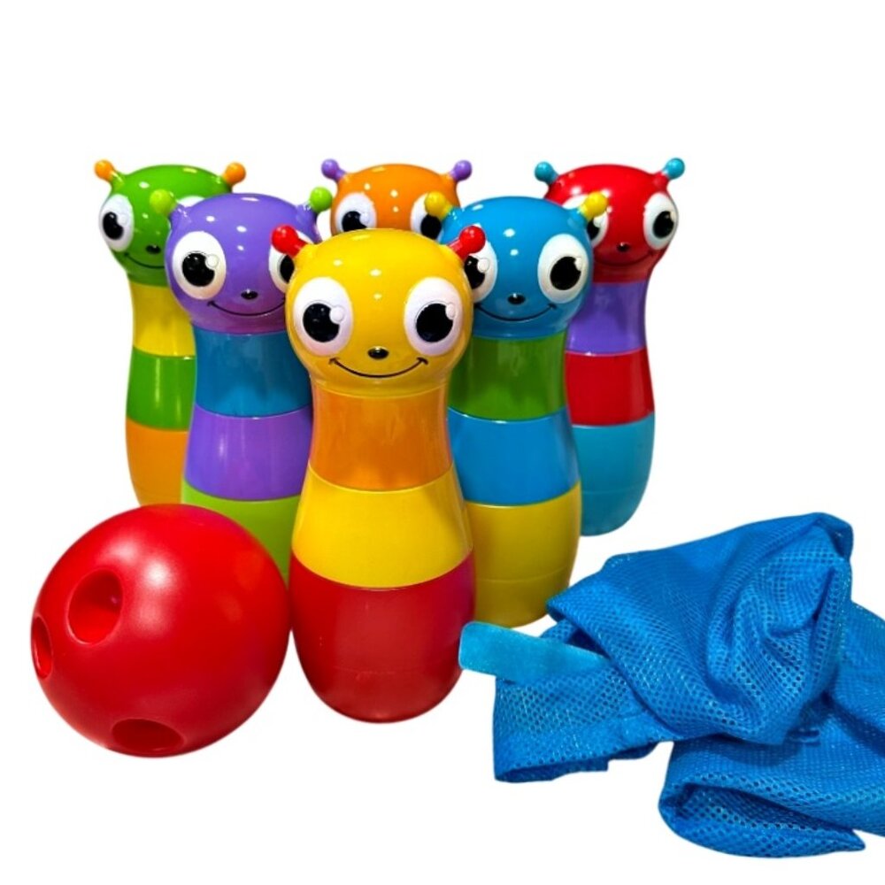 Melissa Doug Sunny Patch Bowling Set 6 Pins w 1 Ball and Blue Mesh Storage Bag